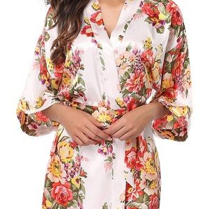 Bridal white floral satin robe